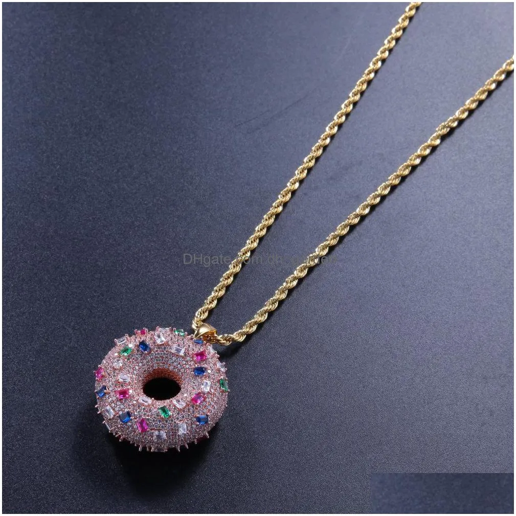 iced out colorful donuts pendant necklace fashion mens womens couples hip hop rose gold necklaces jewelry