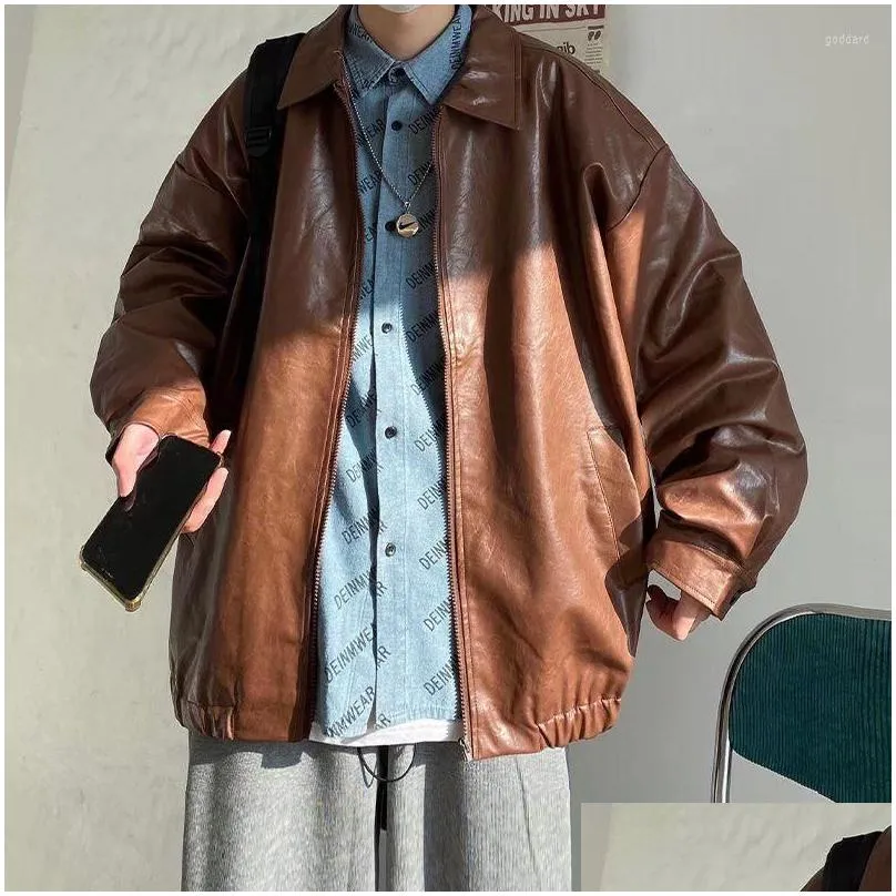 mens fur pu leather jacket men brown retro motorcycle autumn korean fashion fried street loose zipper bomber learher coats