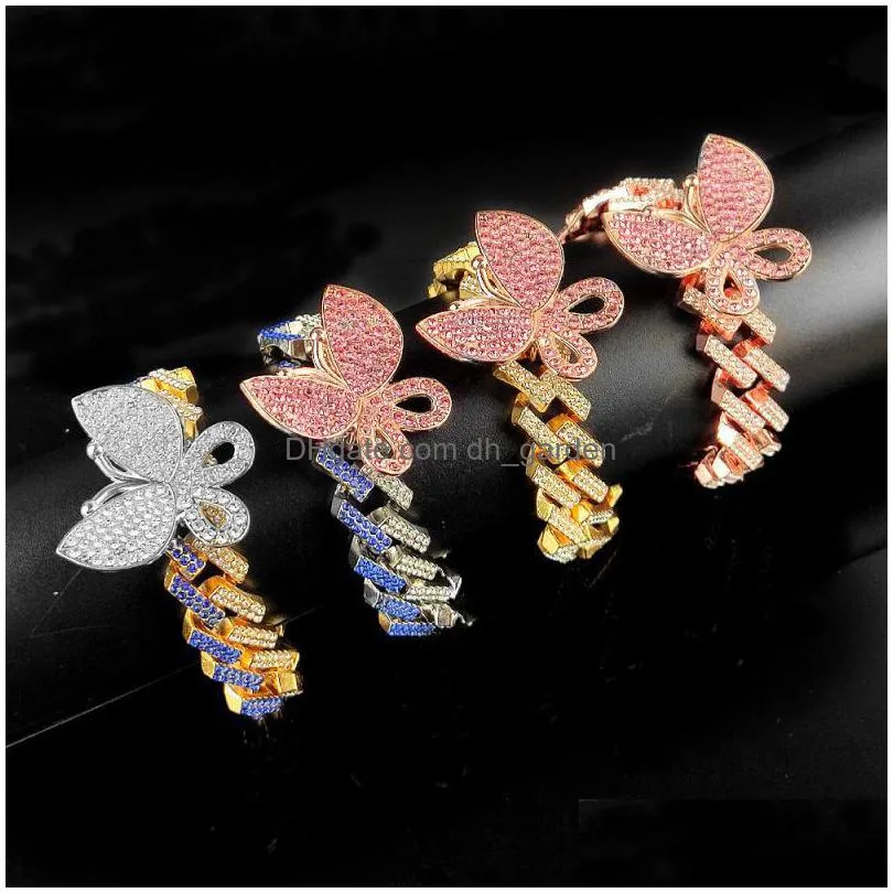 iced out diamond women bracelets chain jewelry zircon stripe type cuban link chain gold silver pink butterfly bracelets