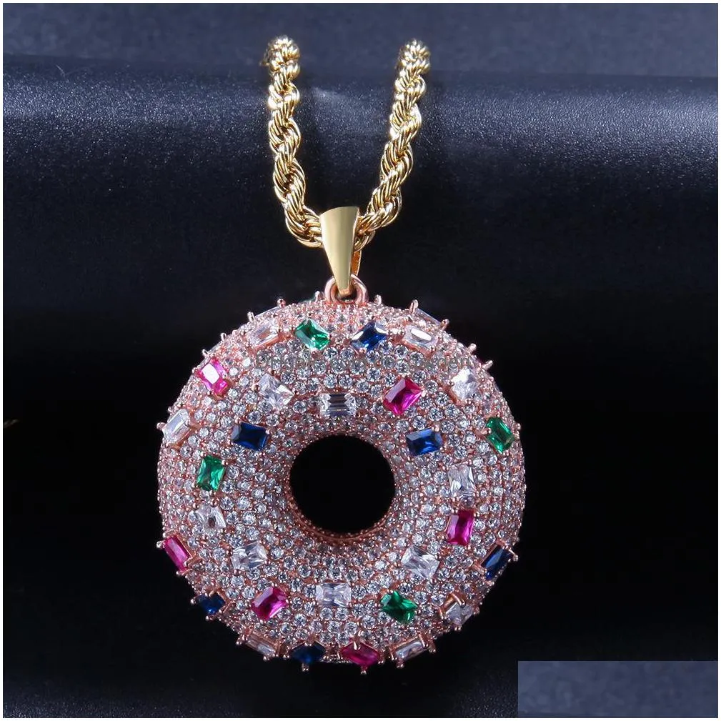 iced out colorful donuts pendant necklace fashion mens womens couples hip hop rose gold necklaces jewelry