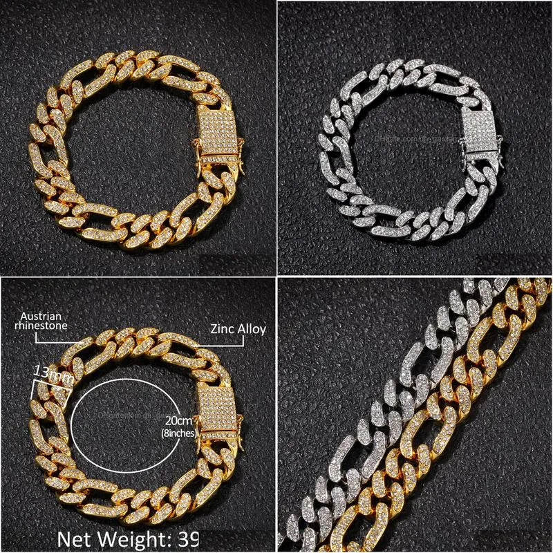 iced out figaro bracelet 13mm bling  cuban link full iced rhinestones hiphop mens bracelet hip hop jewelry