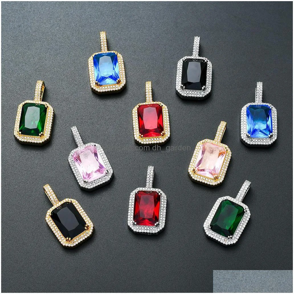 hiphop square solid zircon colorful gemstone pendant mens microinlaid red pink necklace with 3mmx24inch twist chain