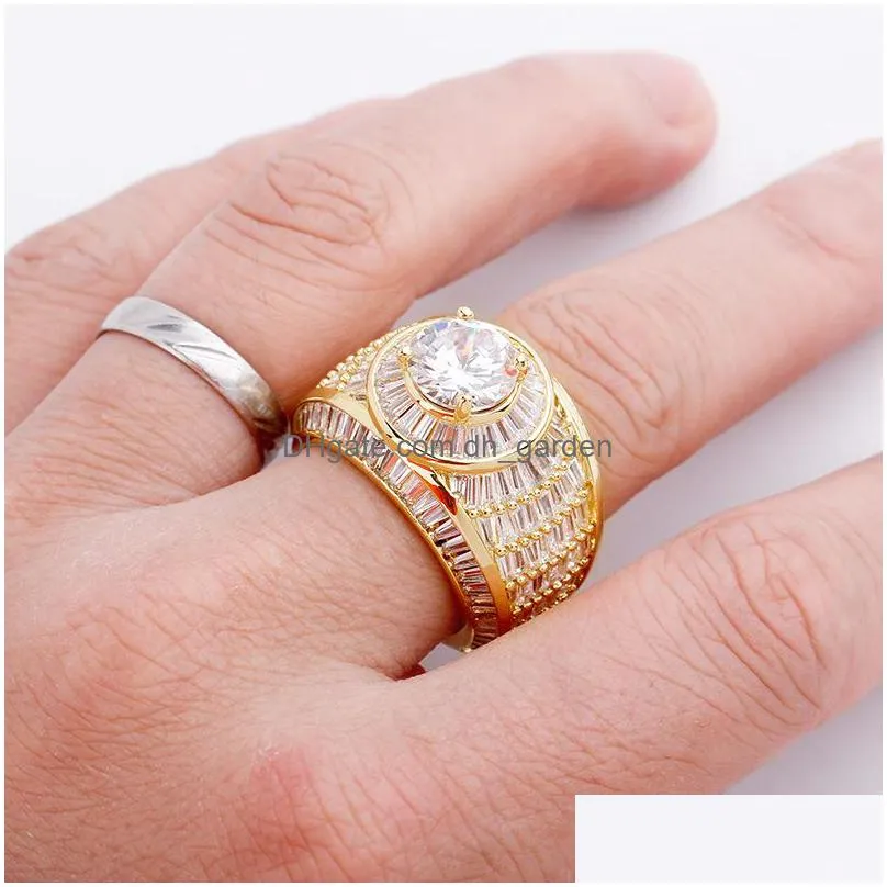 hip hop baguette cluster cz iced out diamond ring high quality white gold bling fashion / mens rings