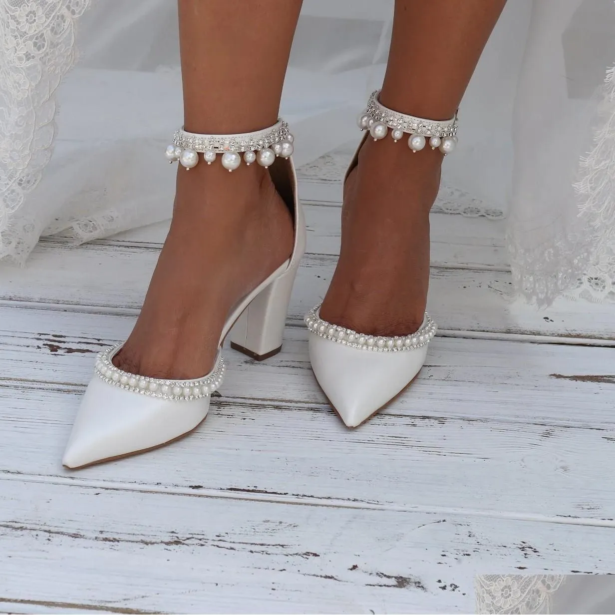 white silk satin wedding shoes pointed toe elegant pearls sparkle crystals beaded women pumps chunky high heel bridal shoes cl03334
