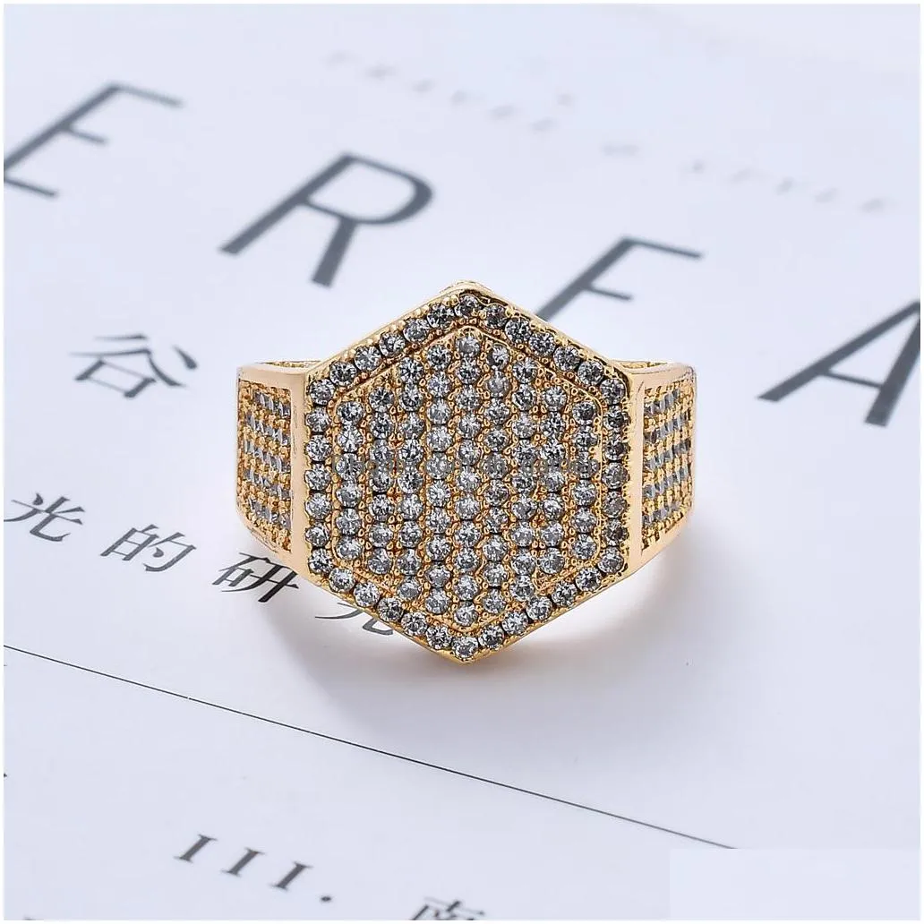 hip hop rock rings for men fashion jewelry 2 colors iced out bling geometric micro pave zircon iced out gold silver rings