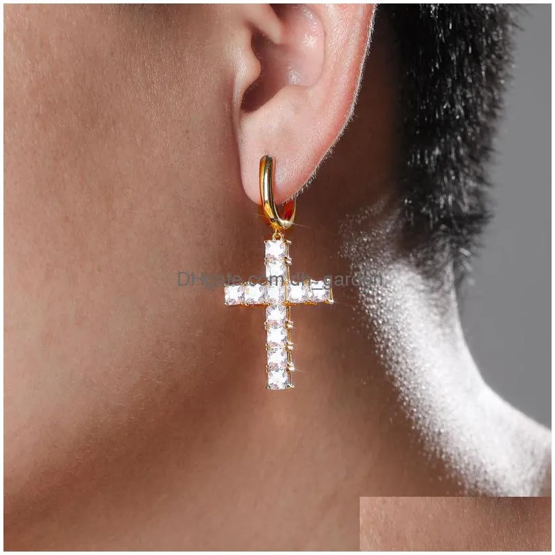 square yellow purple cubic zirconia hiphop cross earrings for mens fashion gold plated jewelry women dangle iced out diamond hoop ea