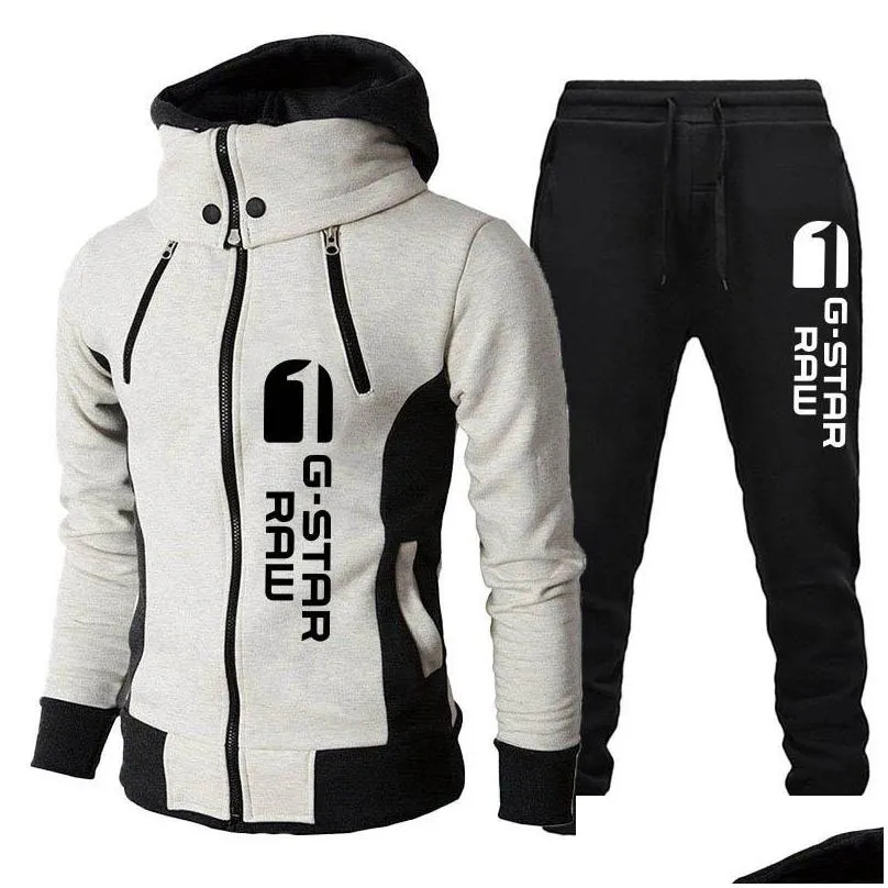 mens tracksuits gstar printed long sleeve zipper hoodie and trousers windproof motorcycle suits outdoor athletic sets