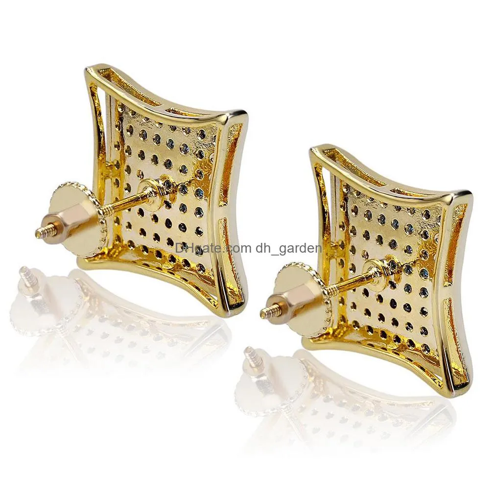 mens luxury hip hop jewelry bling square shaped iced out gold diamond stud earrings wedding earrings gift
