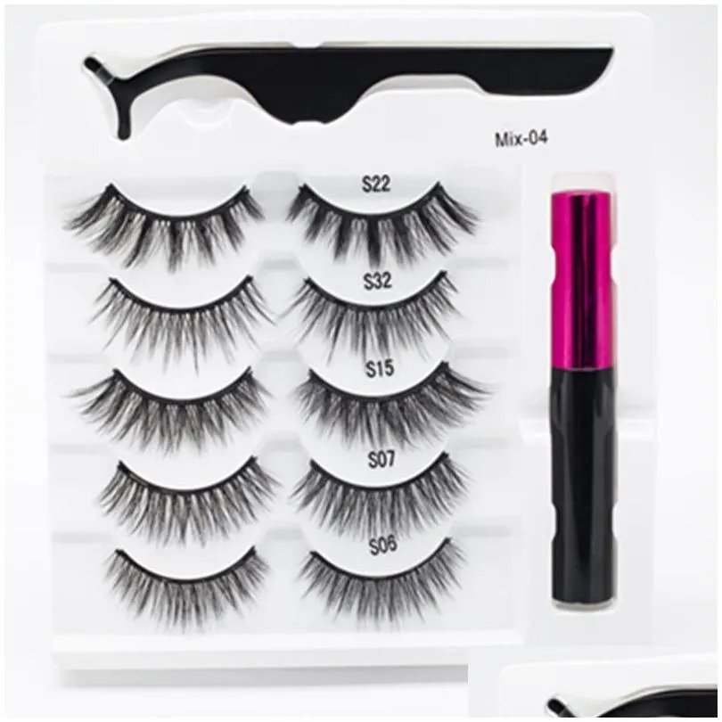 5 pairs/set magnetic eyelashes false lashes repeated use waterproof liquid eyeliner with tweezer makeup set
