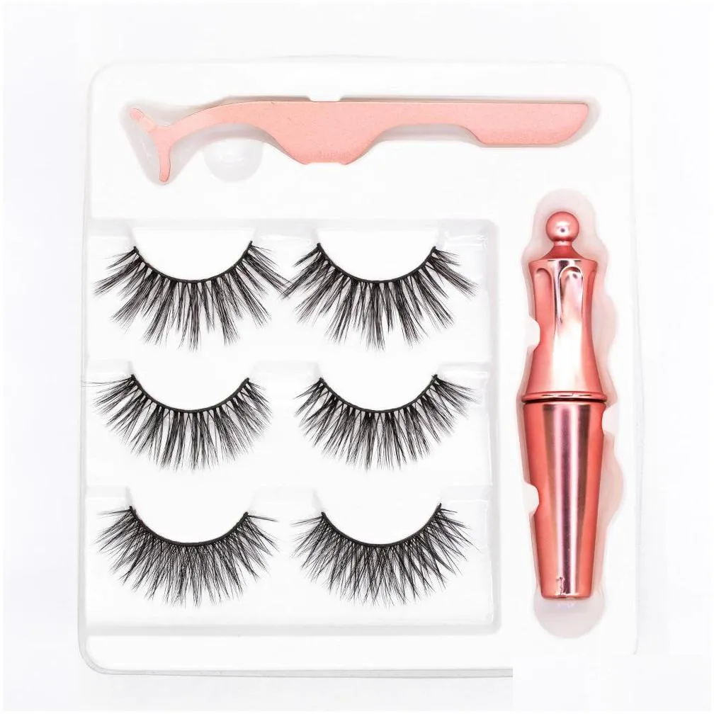 3 pairs magnetic eyelashes false lashes addliquid eyeliner addtweezer eye makeup set 3d magnet false eyelashes