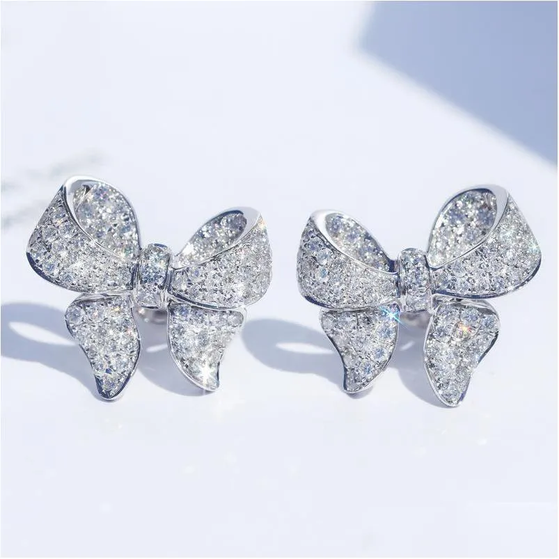 new 925 sterling silver jewelry pave white cz diamond gemstones bow earring party women diamond wedding stud earrings gift