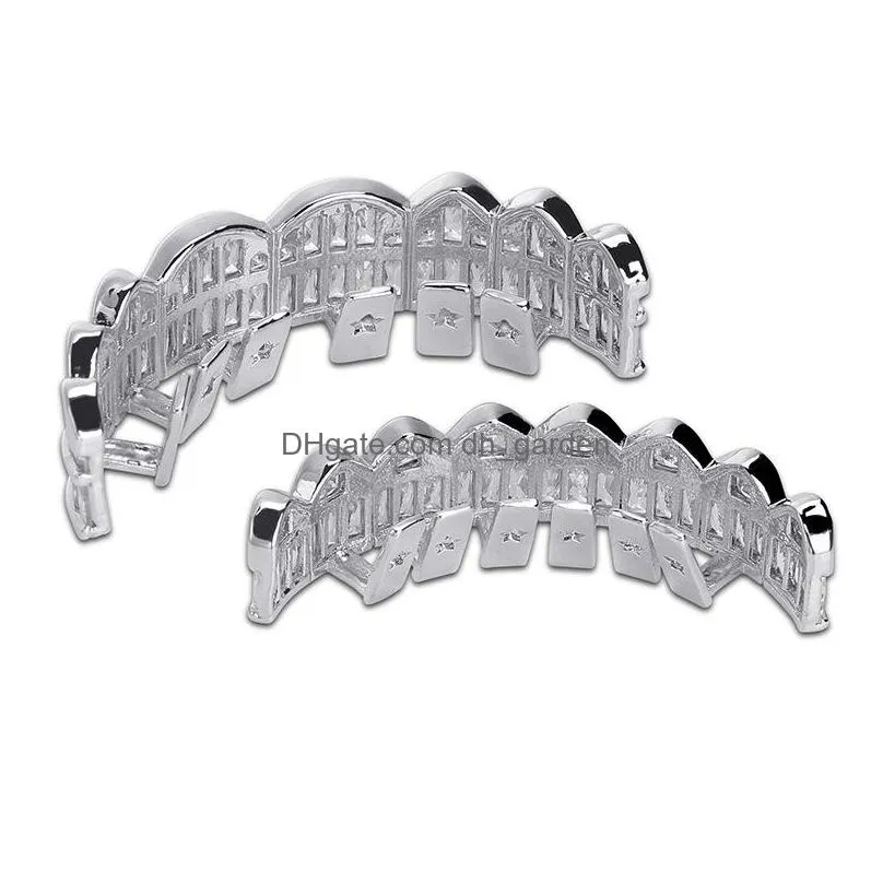 baguette gold plated with diamond teeth grillz top bottom silver color bling aaa cubic zircon dental mouth hip hop fashion jewelry