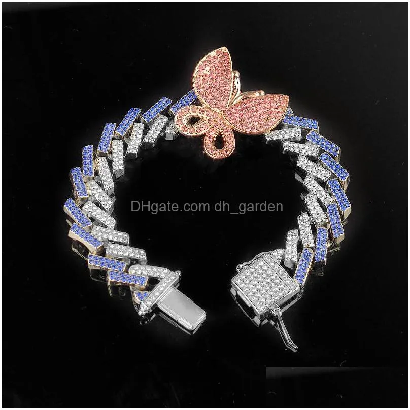 iced out diamond women bracelets chain jewelry zircon stripe type cuban link chain gold silver pink butterfly bracelets