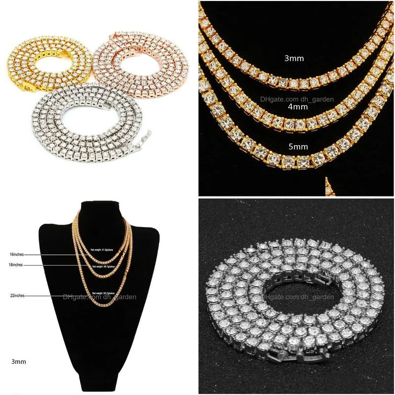 fashion mens diamond iced out tennis chain hip hop jewelry necklace silver rose gold chain necklaces 3mm 4mm 5mm