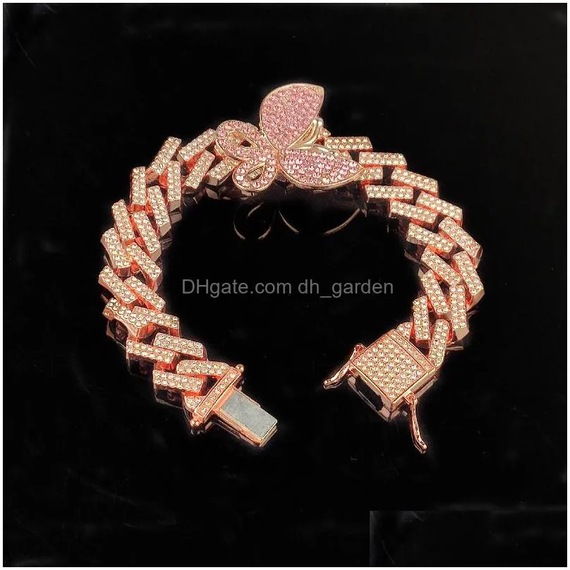 iced out diamond women bracelets chain jewelry zircon stripe type cuban link chain gold silver pink butterfly bracelets