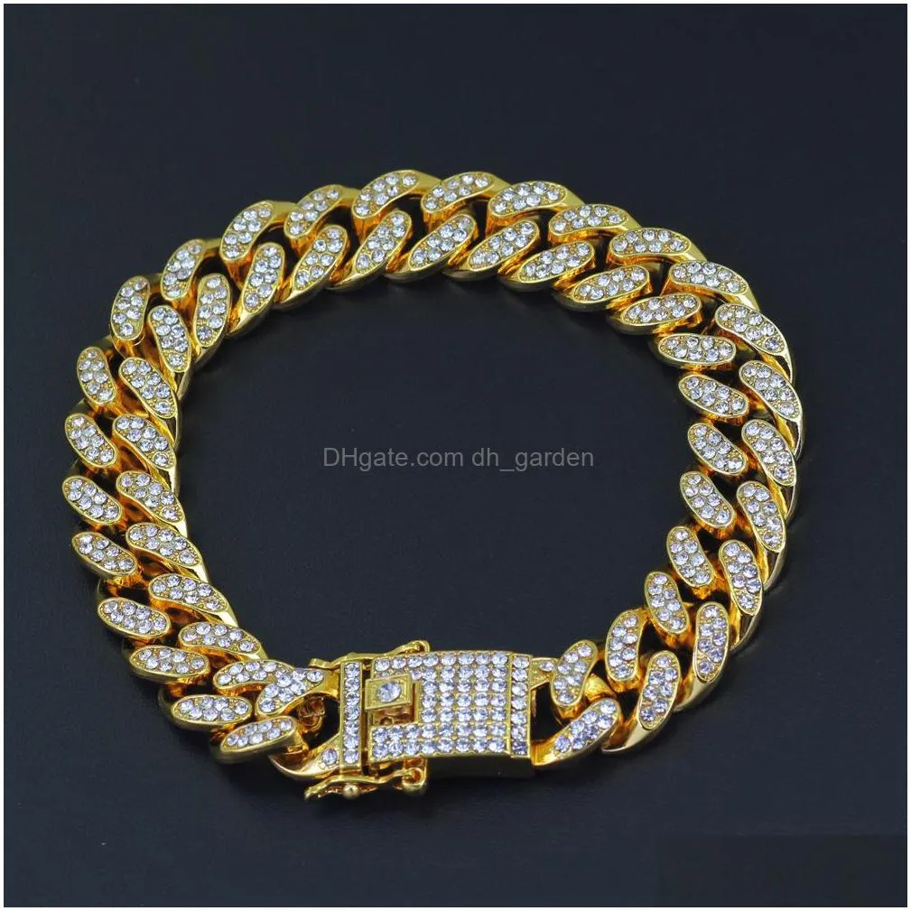 12mm gold silver diamond iced out hip hop cz bracelet mens  cuban link chains mens luxury simulated bling rhinestones bracelets