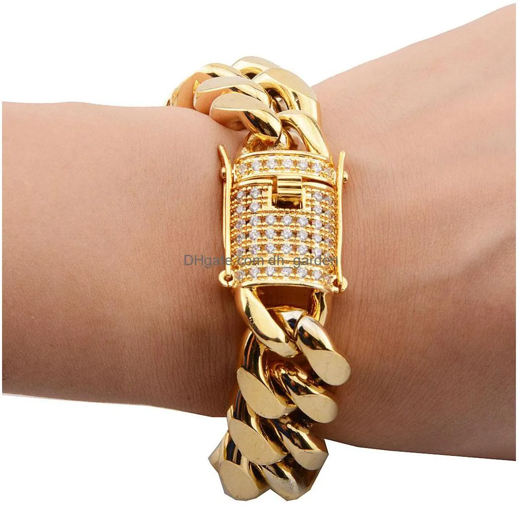 8mm/10mm/12mm/14mm/16mm/18mm mens 14k gold plated stainless steel bracelets high polished  cuban link punk curb gold bracelets