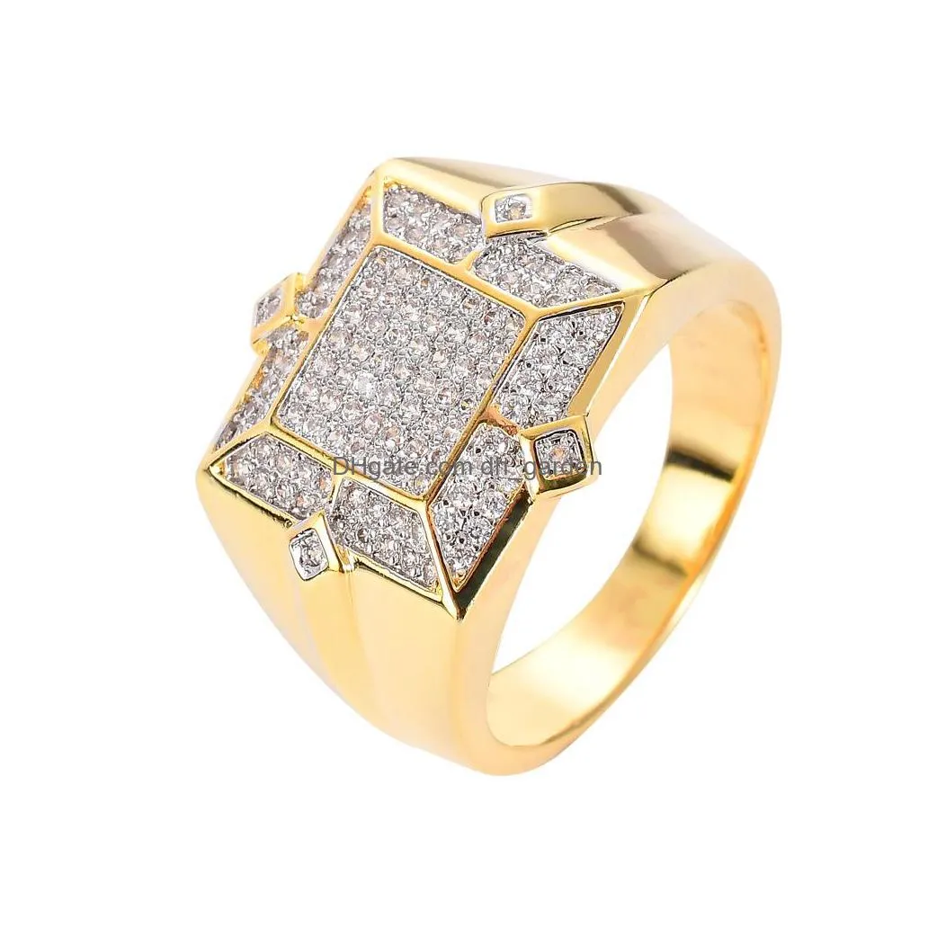 cz rings for mens geometric hip hop gold silver plated jewelry iced out full diamond bling bling ring hip hop jewelry