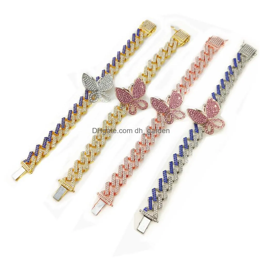 iced out diamond women bracelets chain jewelry zircon stripe type cuban link chain gold silver pink butterfly bracelets