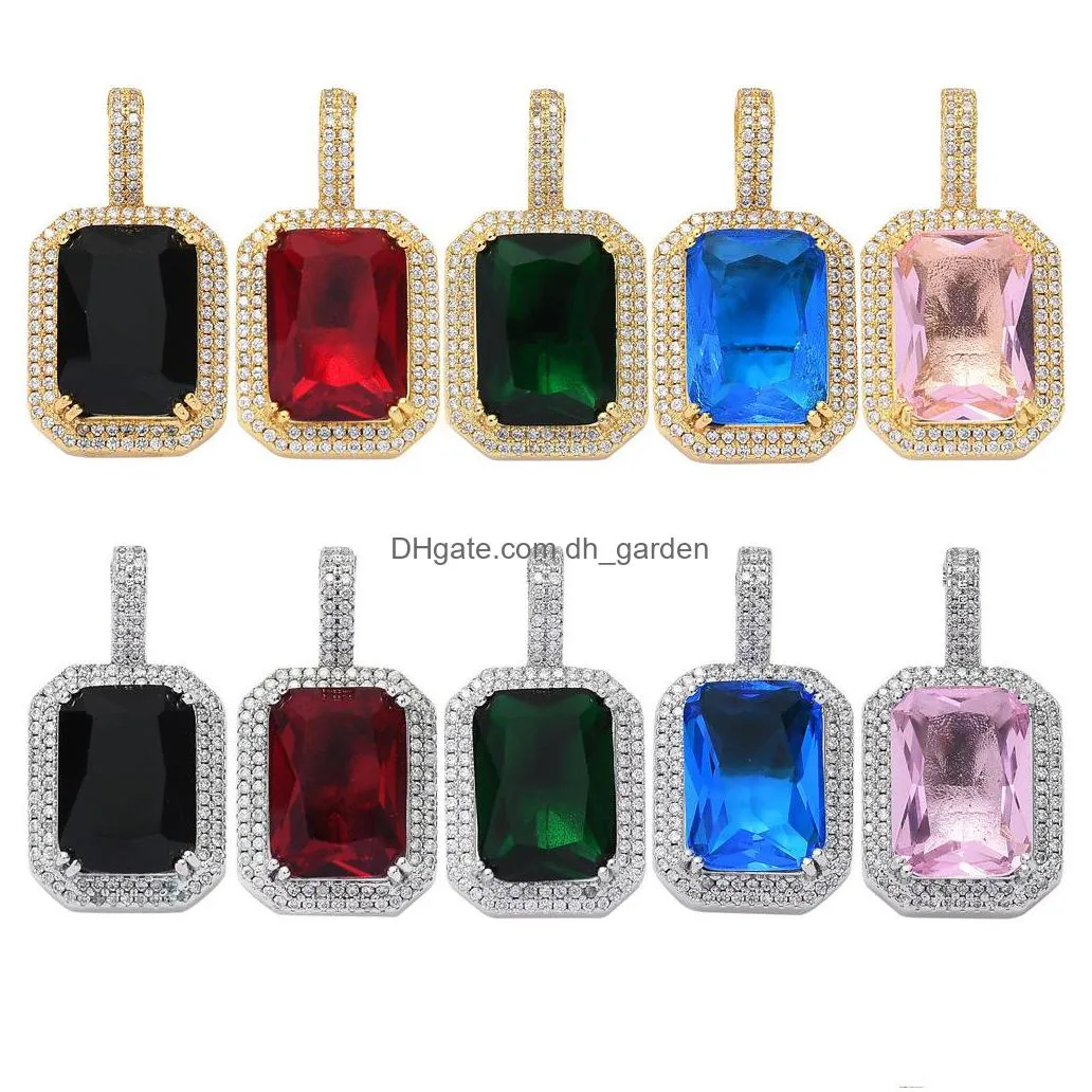 hiphop square solid zircon colorful gemstone pendant mens microinlaid red pink necklace with 3mmx24inch twist chain