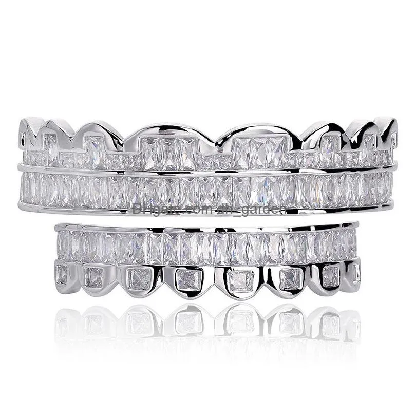 baguette gold plated with diamond teeth grillz top bottom silver color bling aaa cubic zircon dental mouth hip hop fashion jewelry