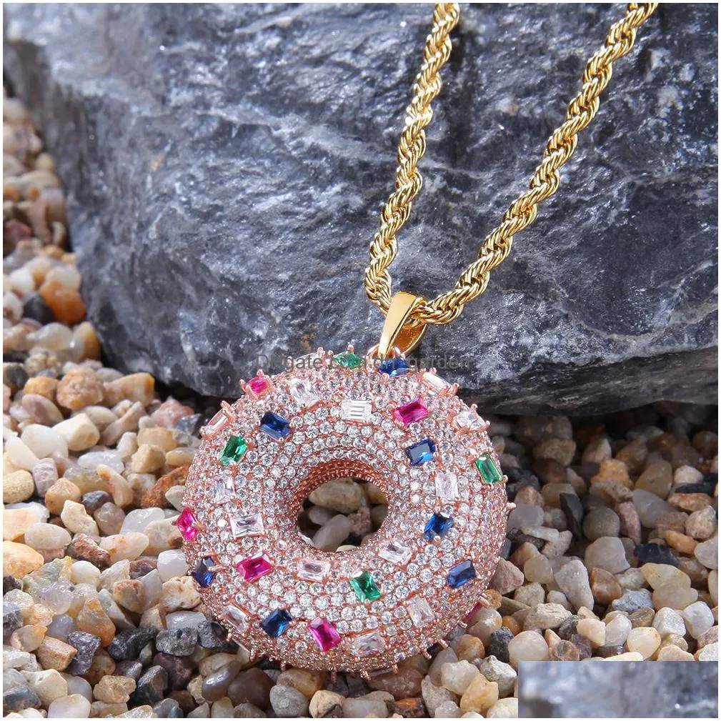 iced out colorful donuts pendant necklace fashion mens womens couples hip hop rose gold necklaces jewelry