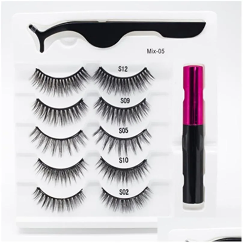 5 pairs/set magnetic eyelashes false lashes repeated use waterproof liquid eyeliner with tweezer makeup set