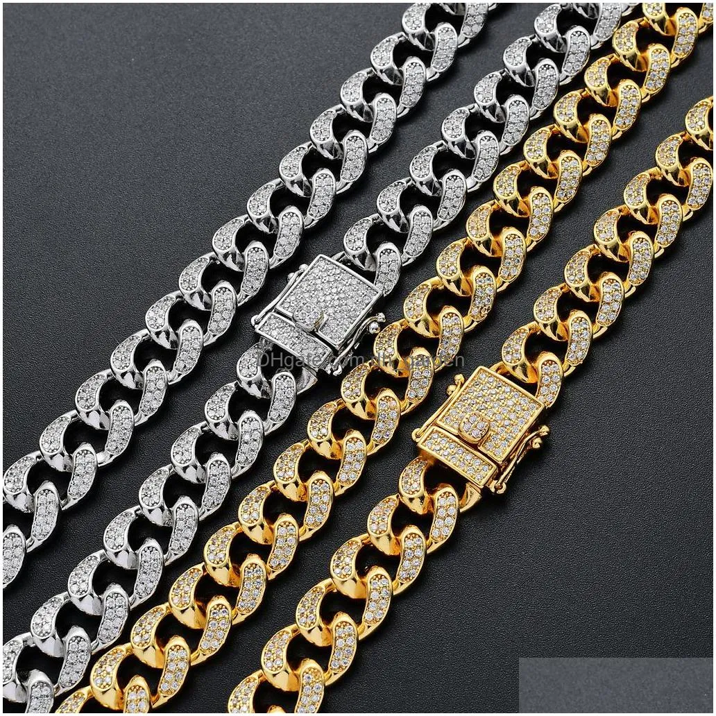mens hip hop chain 12mm prong setting micro aaa zircon iced out bling 18k real gold plating necklace bracelets fashion jewelry for gif