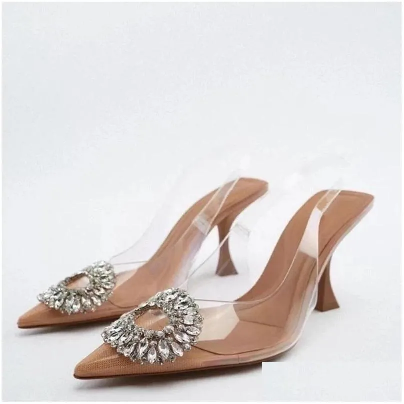 za heels luxury rhinestone party wedding bride shoes women high heels slingback sexy stiletto transparent sandals ladies pumps cl0440