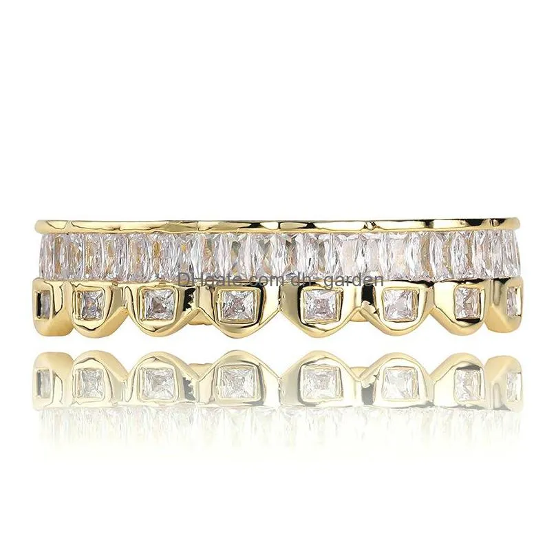 baguette gold plated with diamond teeth grillz top bottom silver color bling aaa cubic zircon dental mouth hip hop fashion jewelry