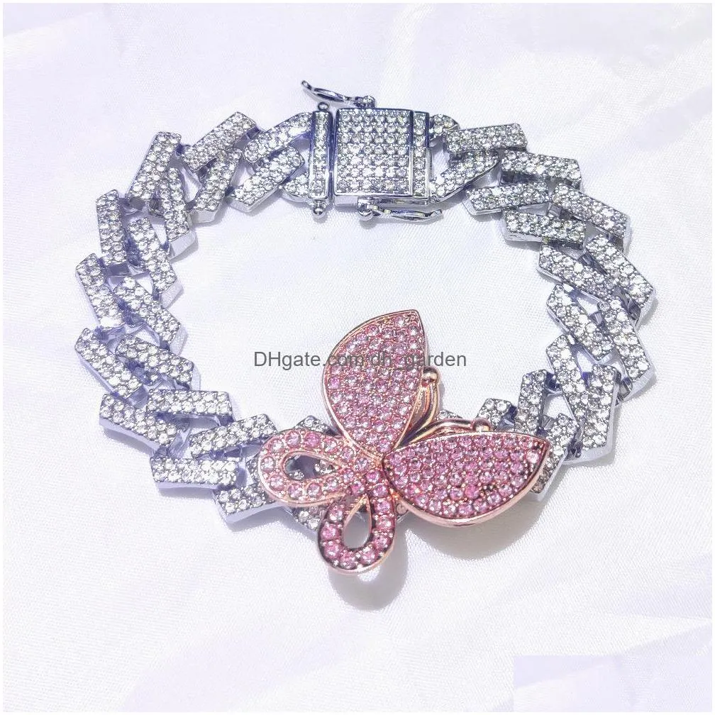 iced out diamond women bracelets chain jewelry zircon stripe type cuban link chain gold silver pink butterfly bracelets