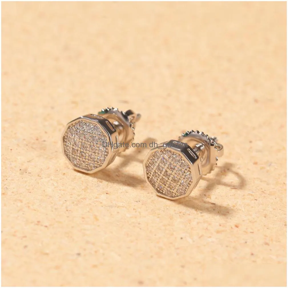 10sided s925 silver fashion stud earring simple style personality round hip hop gold mens earrings