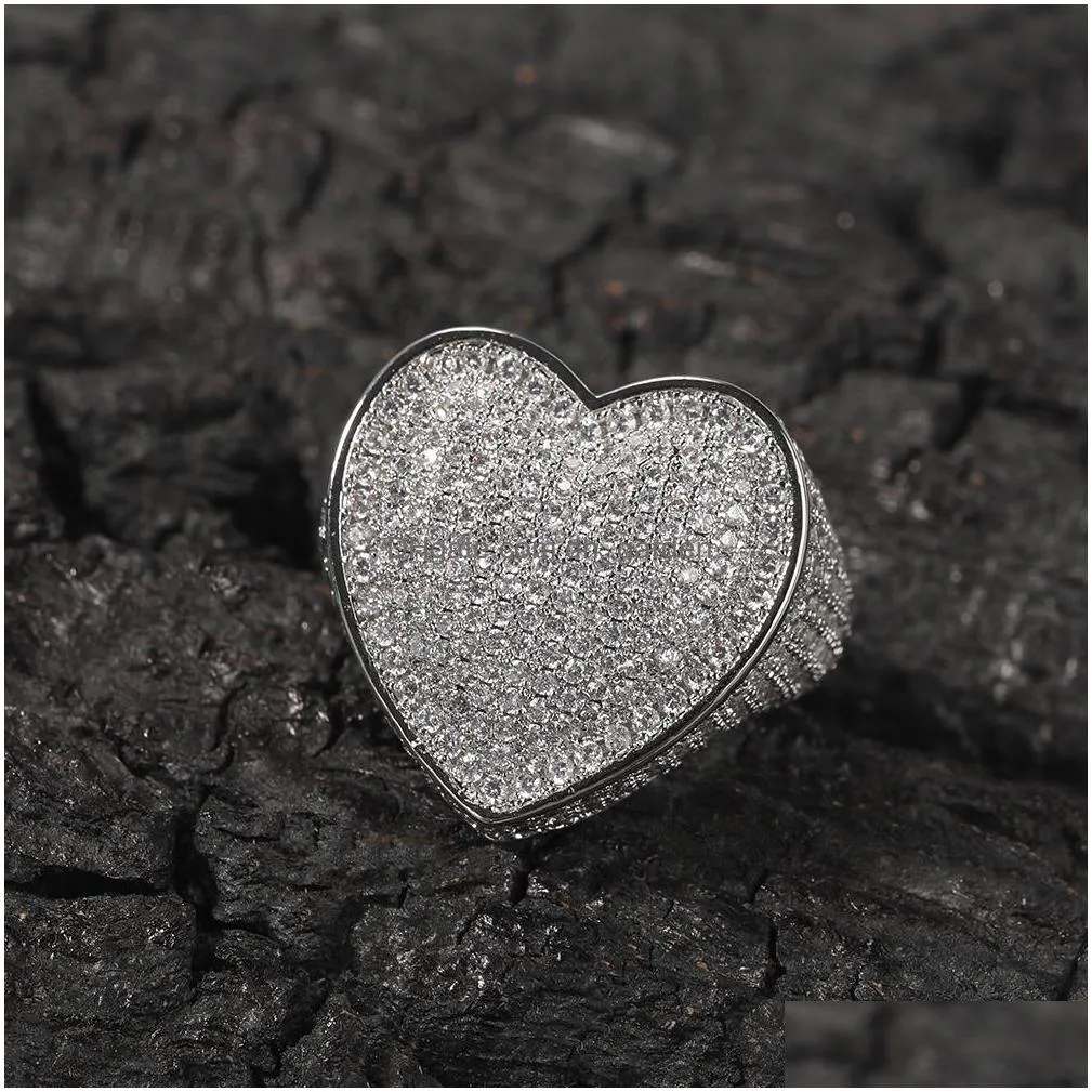 hip hop new mens big heart full zircon men ring famous brand iced out micro pave cz rings punk rap jewelry size