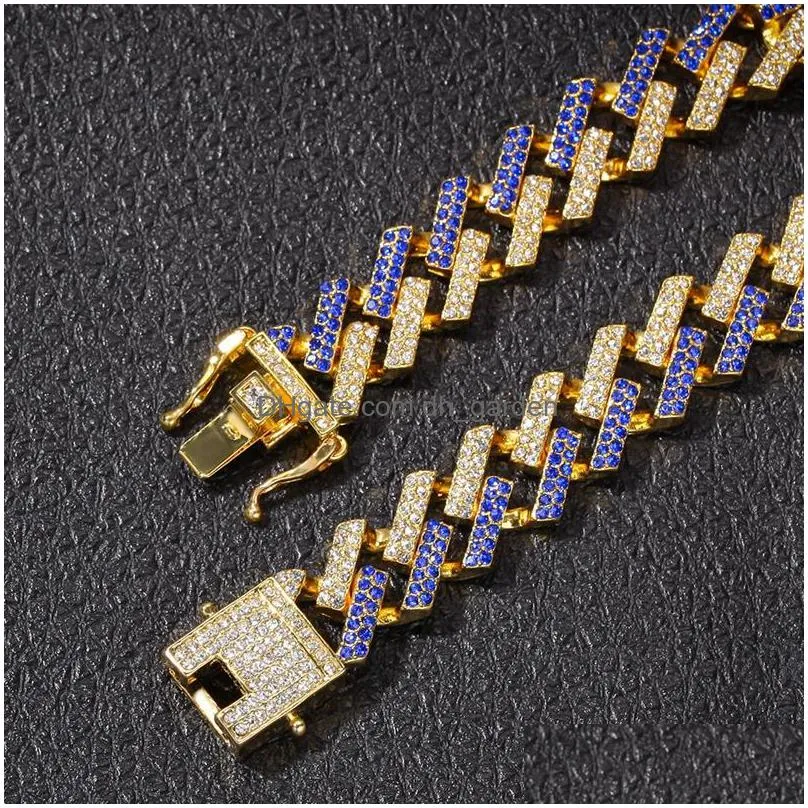 mens hip hop gold bracelets black blue diamond bling bracelets jewelry fashion iced out  cuban link chain bracelet 8inch