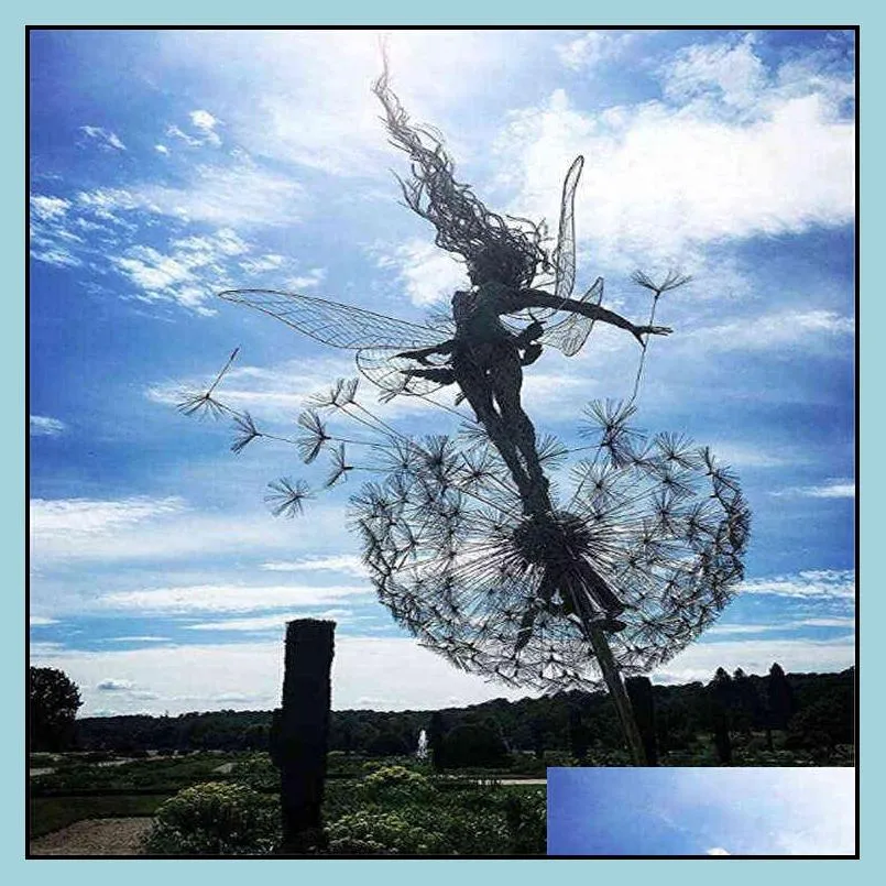 landscape decorative stake fairies and dandelions dance together metal garden yard art decor lawn sculpture decoration 211101