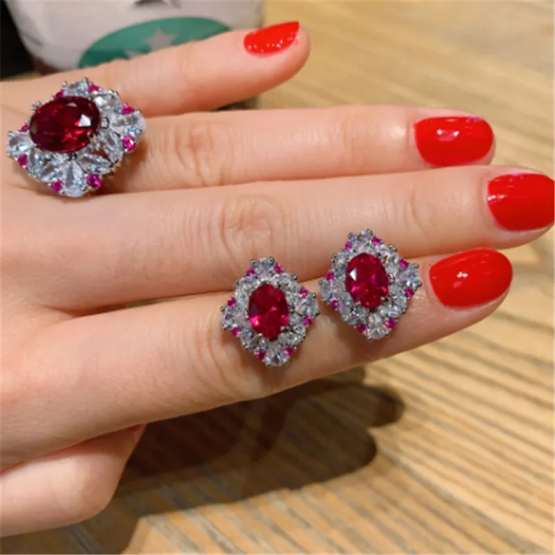 Charm Flower Ruby Diamond Jewelry set 925 Sterling Silver Engagement Wedding Rings Earrings Necklace For Women Promise Jewelry