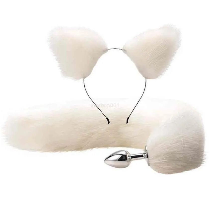 2pcs set fluffy faux fur tail metal butt plug cute cat ears headband for role play party costume prop adult toys3348186q