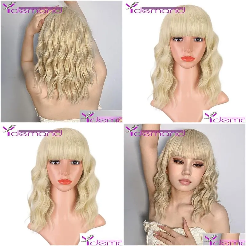 bob wavy short wig 12 inch synthetic wig women shoulder length natural blonde daily wear