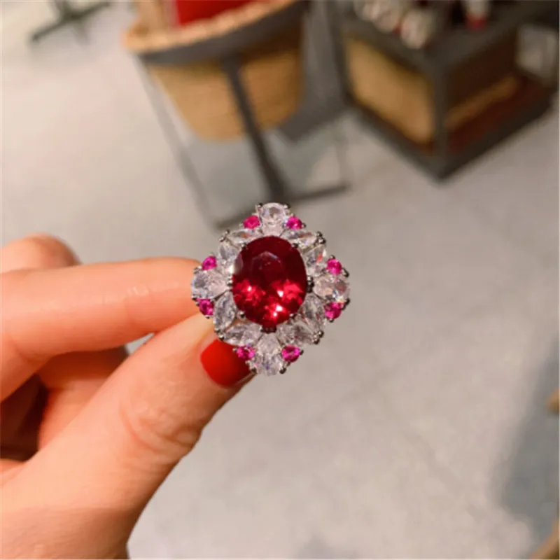 Charm Flower Ruby Diamond Jewelry set 925 Sterling Silver Engagement Wedding Rings Earrings Necklace For Women Promise Jewelry