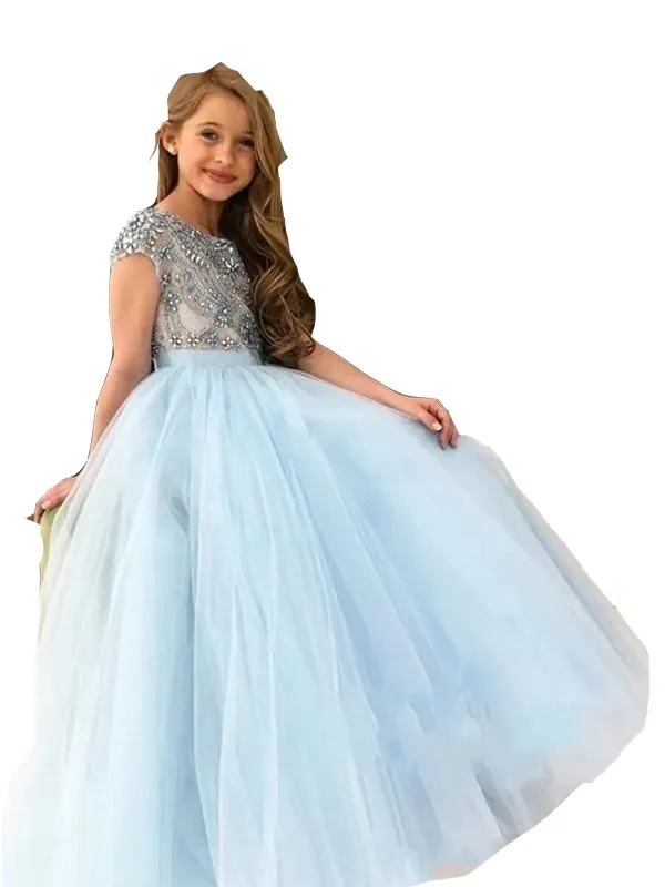 2023 Lovely Tulle Flower Girl Dresses For Weddings Light Sky Blue Jewel Neck Crystal Beads Tulle Girls Pageant Dress Kids Communion Gowns Cap Sleeves