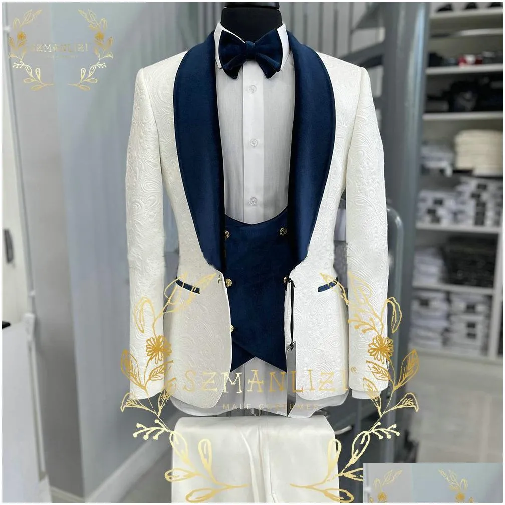 handsome blue gold floral rim stage men suit set stand collar mens wedding suits formal groom tuxedo costume jacket pants vest