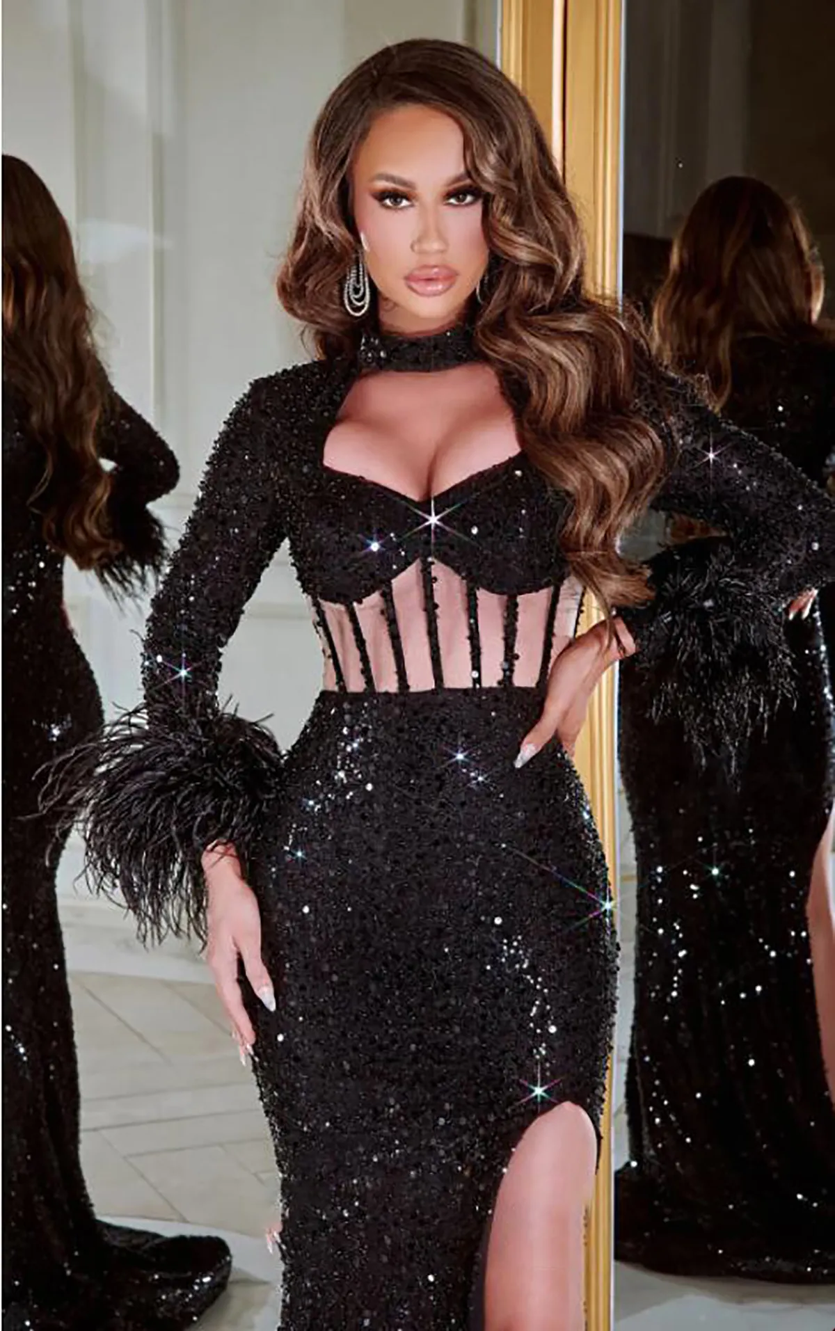 Glamorous Mermaid Prom Dresses Square Long Sleeves with Feathers Sequined Backless Side Split Floor Length Plus Size Custom Made Party Dress Vestido De Noite