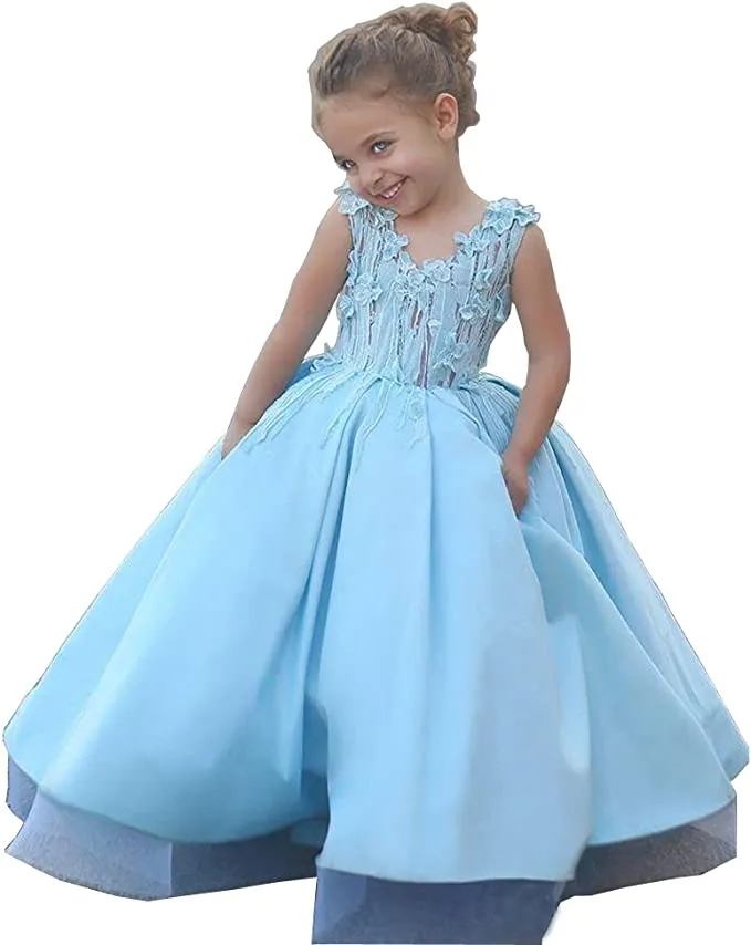 Sky Blue Matching Mother and Daughter Evening Dresses V Neck With 3D Handmade Flowers Little Girl Satin Event Party Gowns Mom Baby Photoshoot Dress Formal Wear CL1969