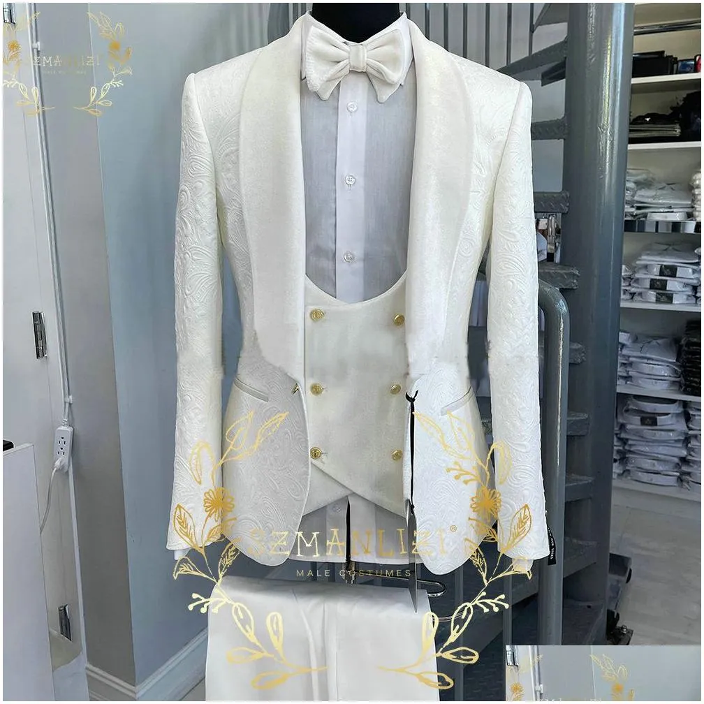 handsome blue gold floral rim stage men suit set stand collar mens wedding suits formal groom tuxedo costume jacket pants vest