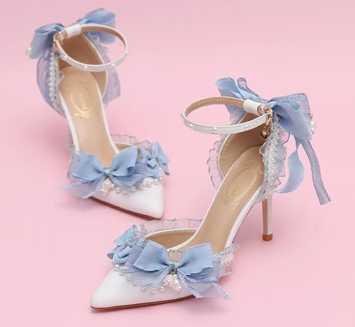 Designer Cinderella princess Ribbons shoes Bowtie wedding Stiletto shoes Women Luxury Royal Style Hight heel wedding shoes for bride pumps Wedding Party prom shoes