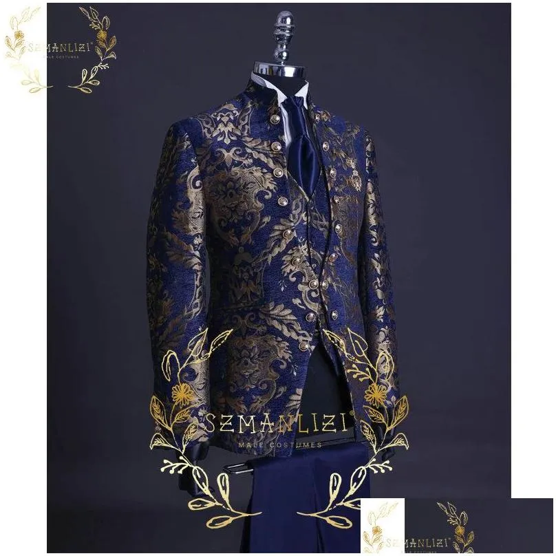 handsome blue gold floral rim stage men suit set stand collar mens wedding suits formal groom tuxedo costume jacket pants vest