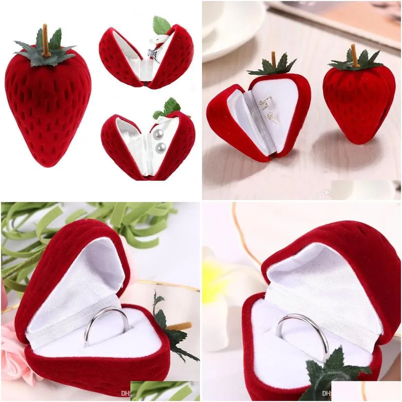 red strawberry box form velvet ring storage case jewelry box ring protector flocking gift box