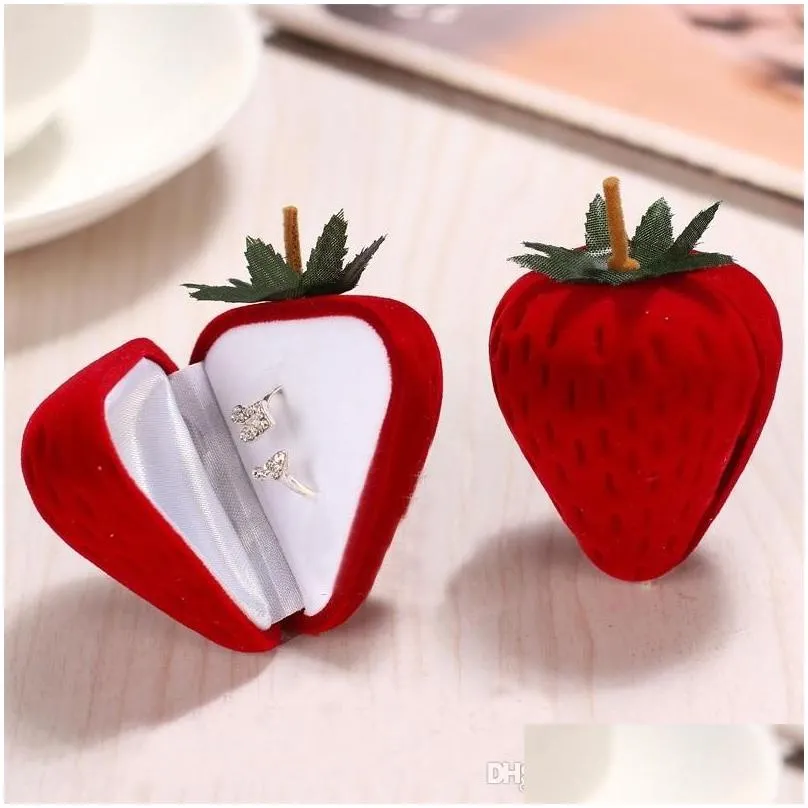 red strawberry box form velvet ring storage case jewelry box ring protector flocking gift box