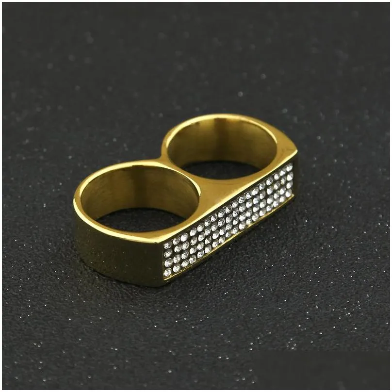 mens double finger ring fashion hip hop jewelry high quality iced out stainless steel gold rings