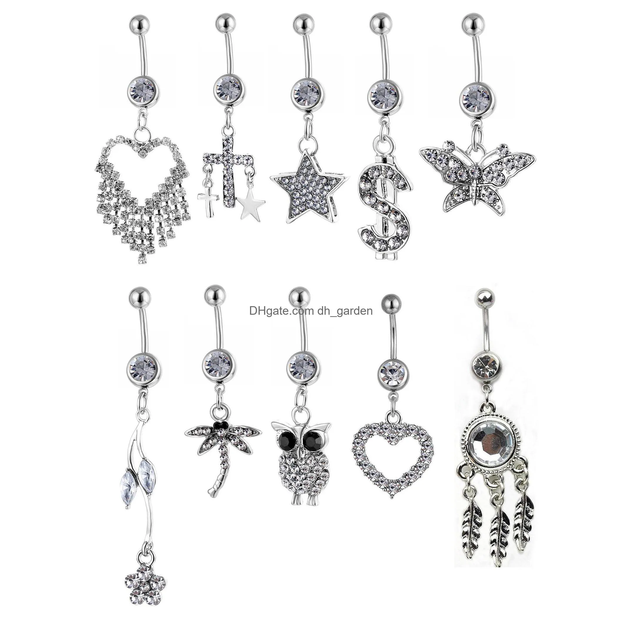 lb10001 belly navel button ring mix 10 styles aqua.colors 10 pcs heart buttonfly owl crown spider